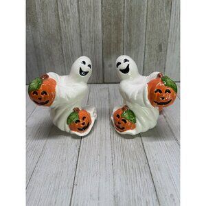 Vtg Fitz & Floyd Omnibus Sri Lanka Pair Ghosts w/ Pumpkins Candle Stick Holders